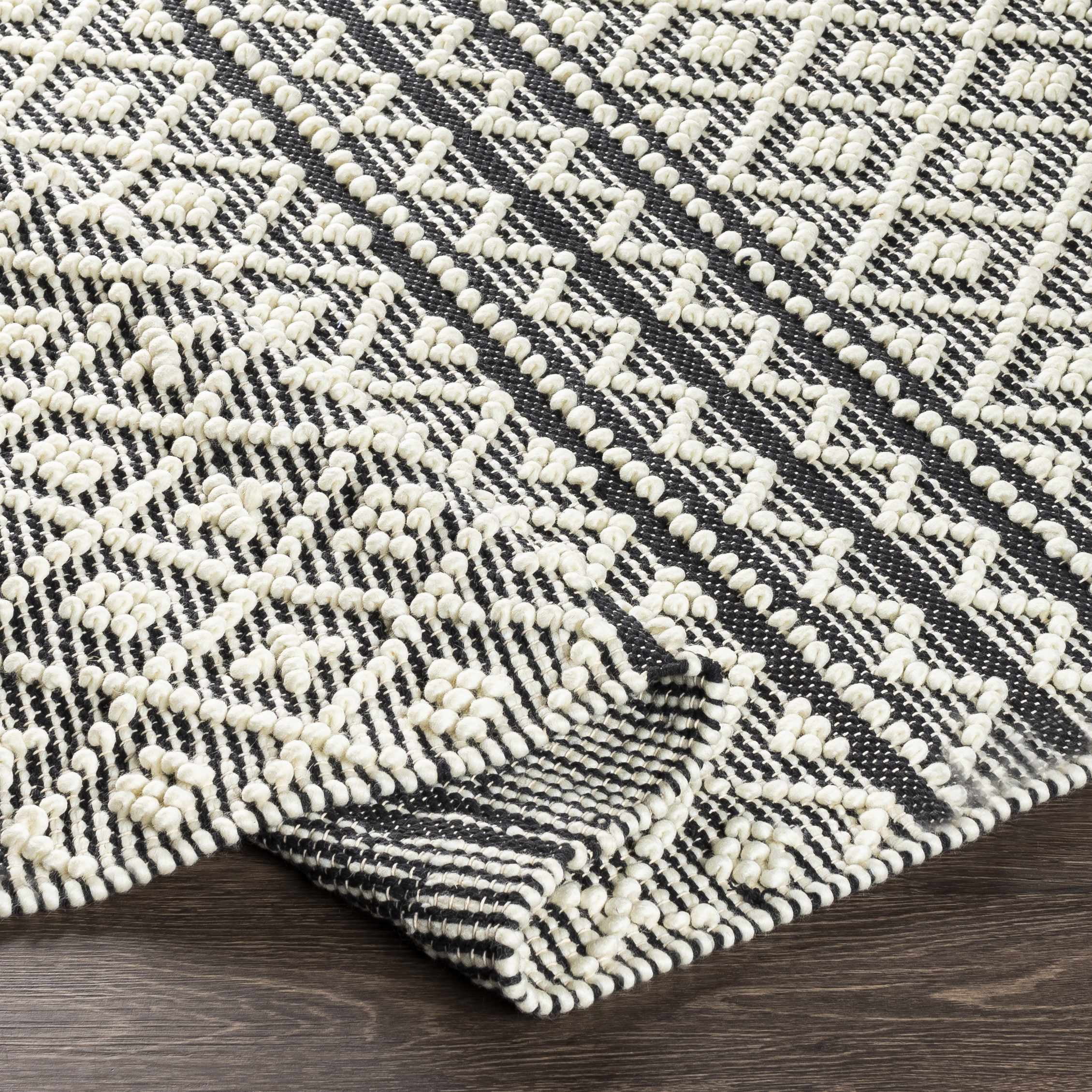 Hauteloom Leon Boho Moroccan Farmhouse Living Room Bedroom Wool Area Rug - Trellis Handmade Bohemian Carpet - Black, White - 8' x 10'