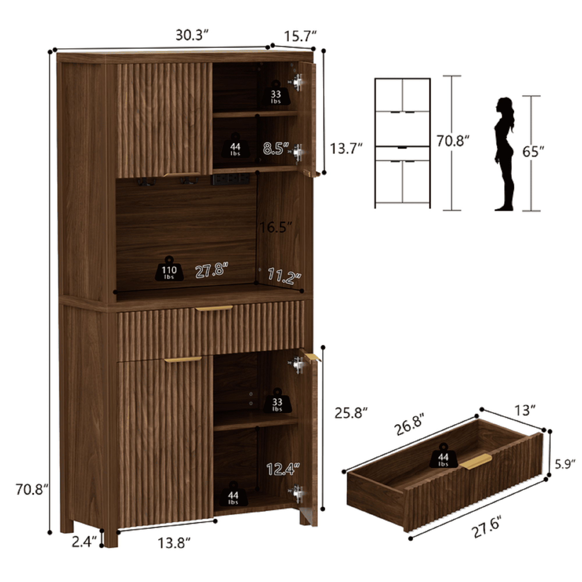 Laintene Kitchen Pantry Cabinet with Charging Station, 71" Tall Pantry Storage with Adjustable Shelves, Fluted Storage Cabinet with Open Countertop and Drawer for Dining Living Room, Walnut