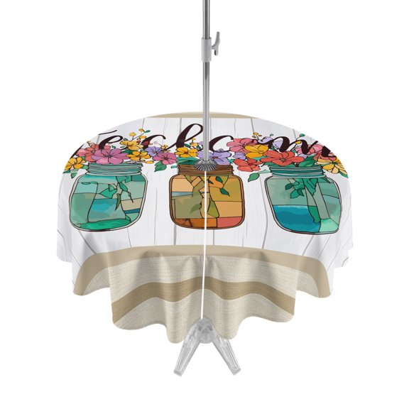 Outdoor Tablecloth with Umbrella Hole for Patio/Picnic/Party/Camping, Watercolor Floral Waterproof Table Cloth Round Cover Washable, Spring Flowers Bouquet Vases Wooden Beige (Dia 60")