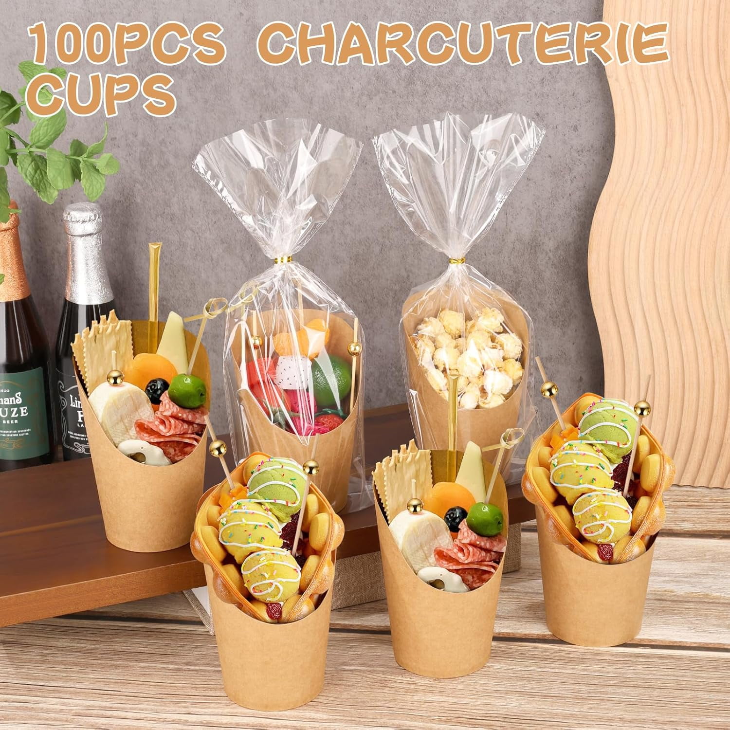 SONGAUN 100 Sets Charcuterie Cups, Disposable Appetizer Cups, 4 oz Brown Kraft Paper Snack Boxes (100 Cups+100 Bags+200 Sticks)
