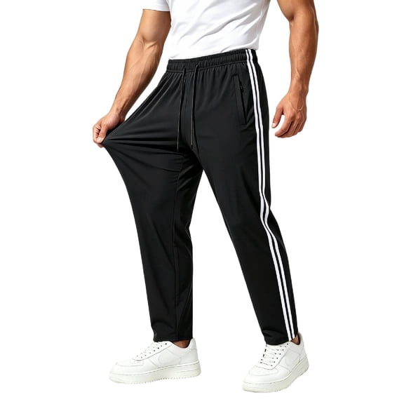 Men's Side Stripe Sweatpants Gym Active Athletic Workout Casual Pants Drawstring Waist Breathable Trousers with Zipped Pockets