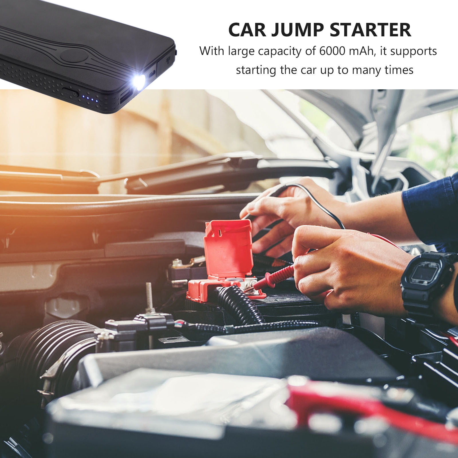 WRITWAA 1Set Car Jump Starter 6000mAh Black Portable Power Bank with USB Port for Vehicle Charging