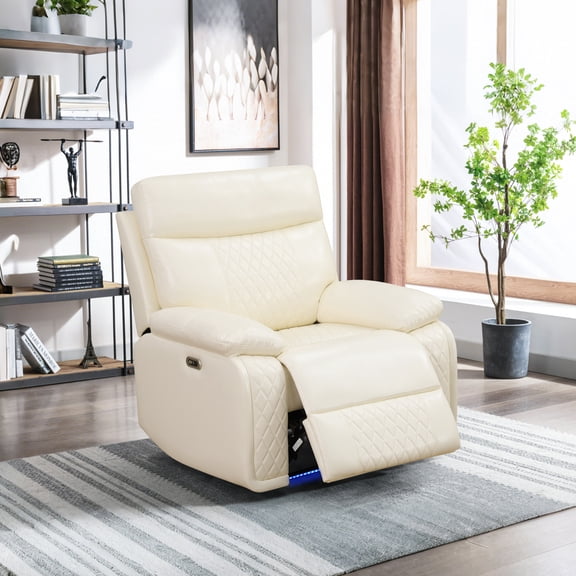 Electric Power Recliner Chair with LED, Adjustable Headrest Leather Recline Home Theater Seating with USB Port, Beige