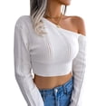 thumbnail image 2 of hirigin Women's Spring Autumn Short Knitted Sweater Solid Color Long Sleeve Off Shoulder Knitwear, 2 of 6