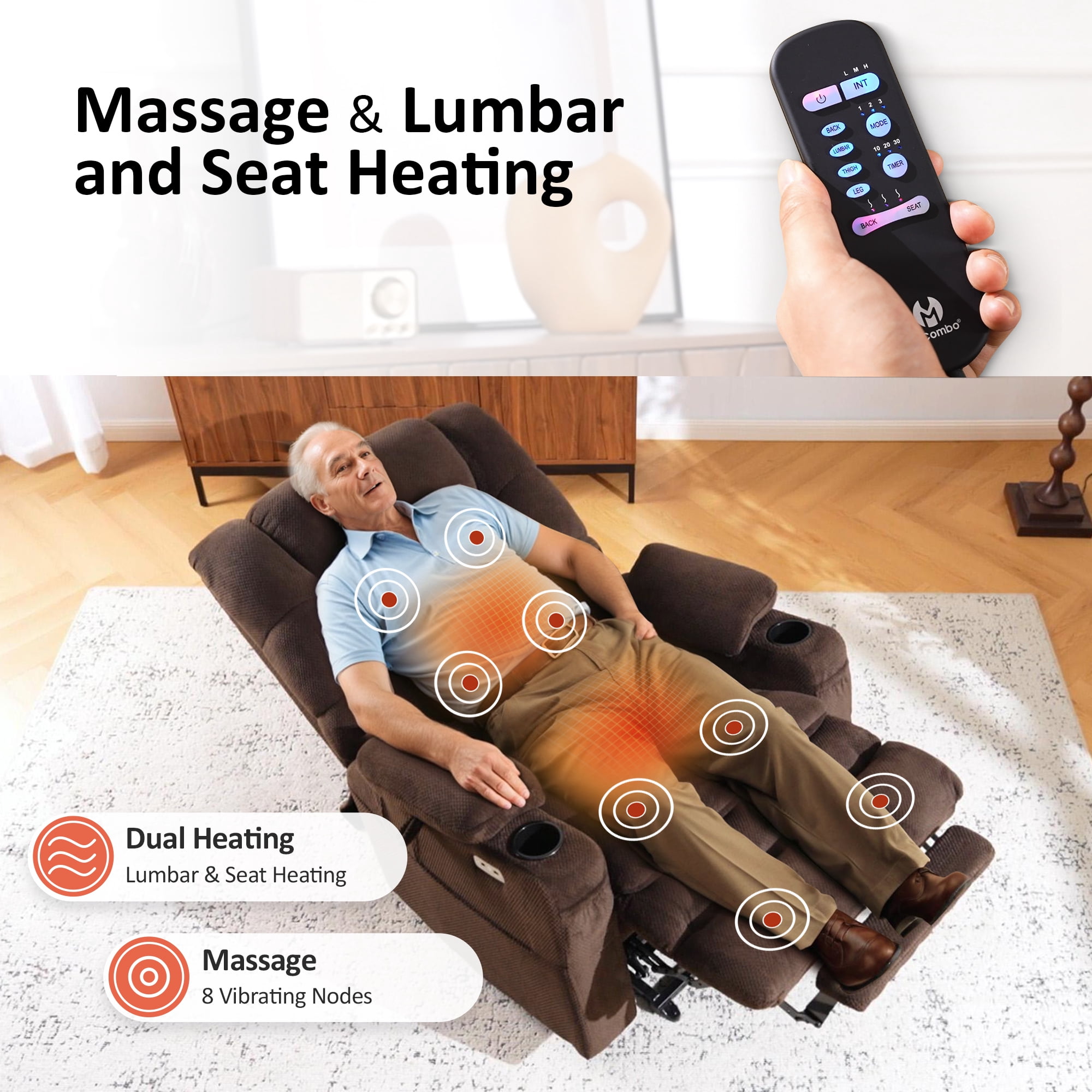 MCombo Triple Motor Power Lift Recliner for Elderly, Sleep Recliner Sofa with Adjustable Headrest, Fabric, Coffee