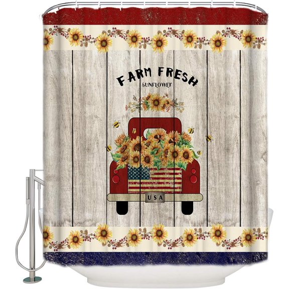 Red Truck Shower Curtain Waterproof Polyester Fabric,Retro Red Truck with Farm Fresh Sunflower USA Flag Blue Red72x84inch Curtain Decor Sets with Hooks for Bathroom Showers and Bathtubs