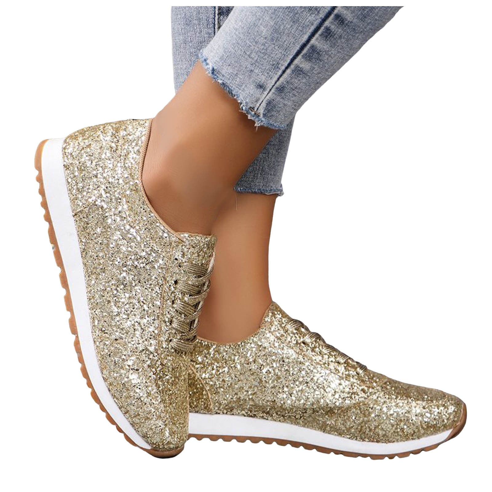 Woman Sneakers Women's Fashion Sequins Casual Lace Up Sport Shoes Sneakers Glitter Breathable Bling Ladies Running Shoes Female Womens Sneakers Shoes(Gold,8)