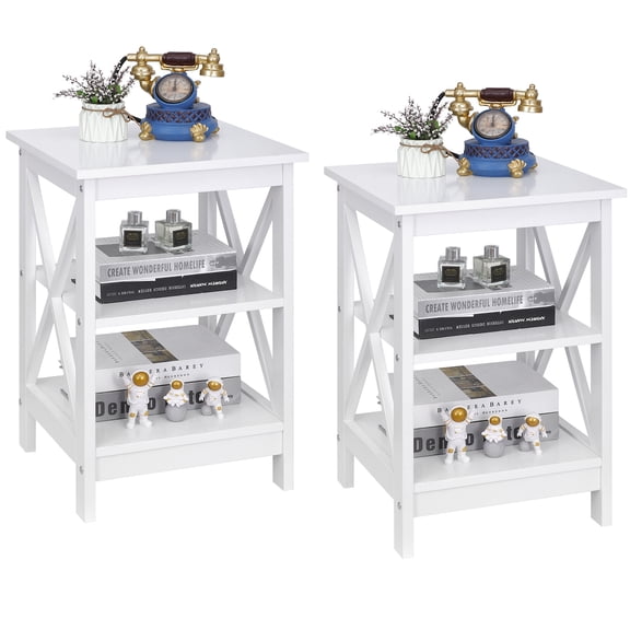 ZENY Set of 2 3-Tier Square End Tables Modern Wood X-Design Side Accent Tables with Storage, White