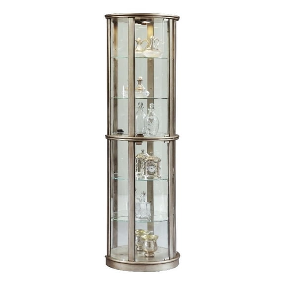 Lighted Hardwood Half Round 5 Shelf Curio Cabinet in Aged Silver Finish