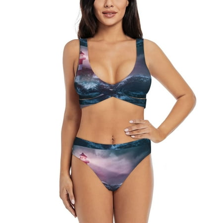 Zeuib lighthouse Waves Torrential Rain High Waisted Tummy Control Bikini Set - Knot Front Push Up Top & Cheeky Thong Bottom  Two-Piece Swimsuit for Women-Large