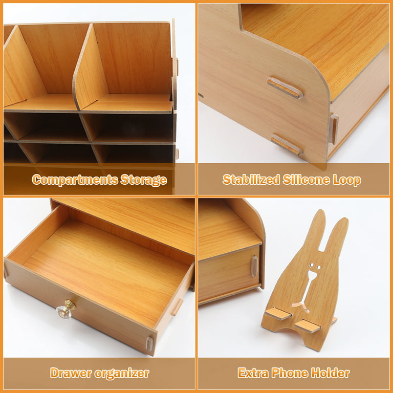 Wooden Pen Organizer DIY Pen Holder Box Desktop Stationary Home Office  Storage Art Supplies Organizer Storage with Drawer