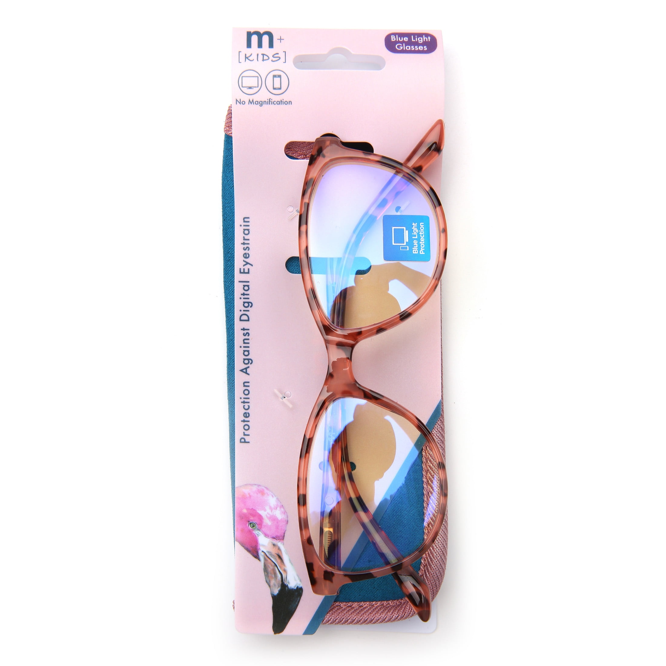 M+ Plano Blue Light Lens Injection Girls Frames, Molly, Pink Tortoise, 50.5-18.0-136, with Case