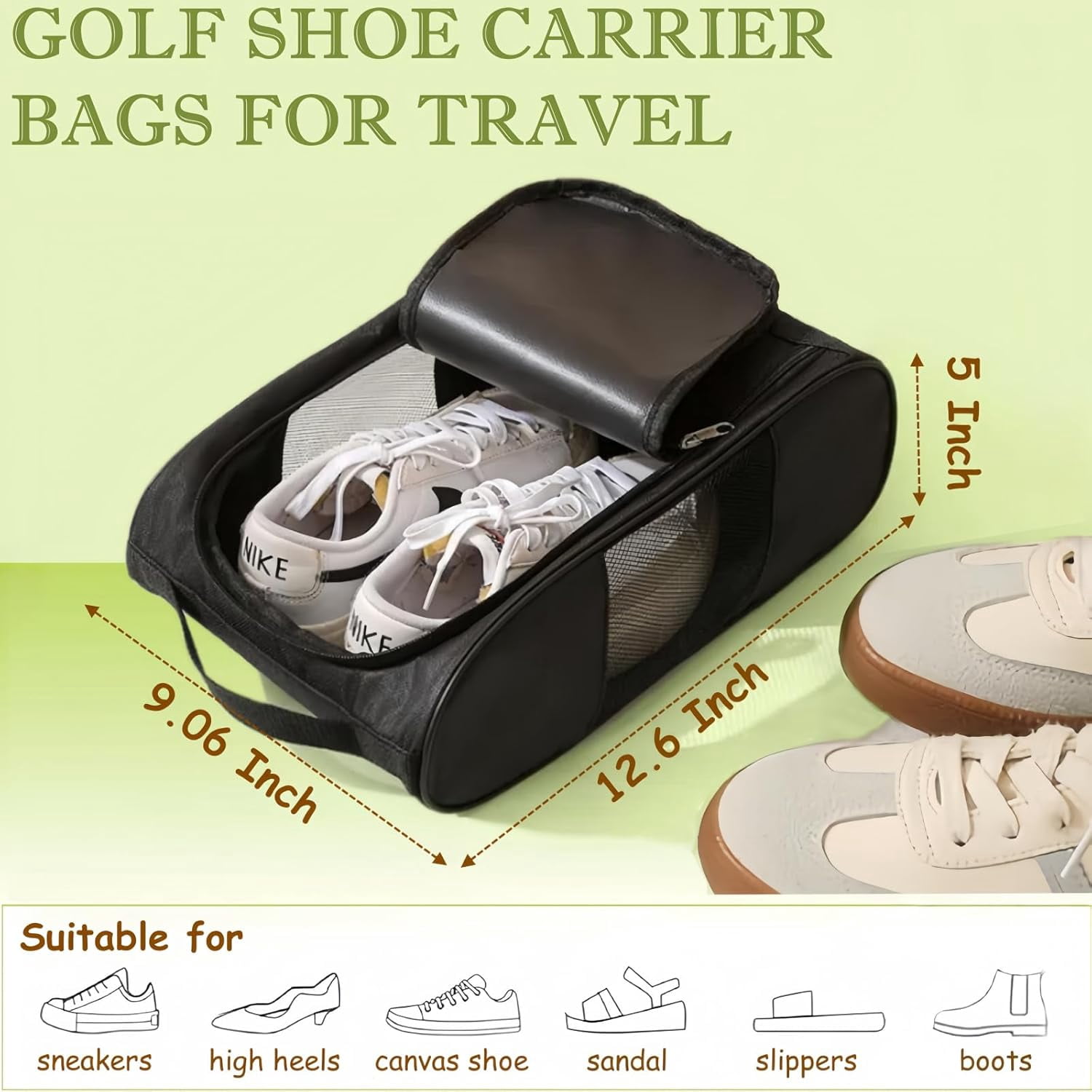 Golf Shoe Bag, Mesh Travel Shoe Bags with Water Proof Ventilation, Outdoor Shoe Carrier with Zippered and Handle (Black)