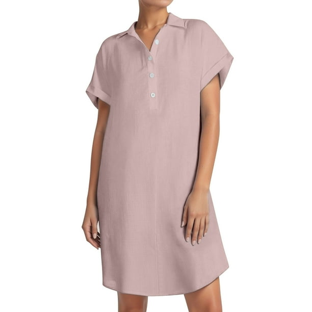 Vestido camisero de manga corta con botones para mujer: túnica informal de color liso, tejido suave y transpirable, versátil para tres estaciones.