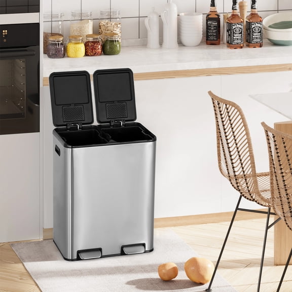 60 L Trash Can, 16 Gallon Dual Compartment Garbage Can, Pedal Recycling Bin, Stainless Steel Rectangular Recycle Dustbin, Silver