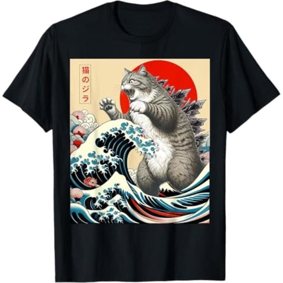 100% Cotton Catzilla Cat Japanese Art Funny Cat Gifts For Men Women Kid T-Shirt Golf Gift T-Shirt For Men and Women
