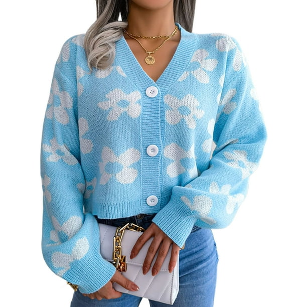 MAWCLOS Women Ribbed Hem Winter Warm Cardigan Work Floral Print Cardigans Sweater Blue L