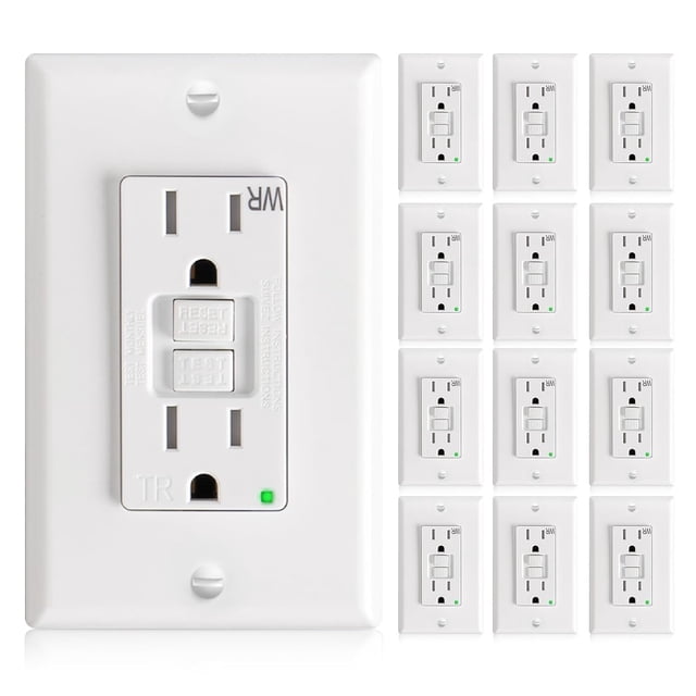 12 Pack Prise GFCI 15 Ampères avec Design Plus Fin, Résistant aux Intempéries (WR), Réceptacles GFI Auto-Test avec Indicateur LED, Plaques Murales et Vis Incluses, Intérieur Ou Extérieur, ETL Listed, Blanc