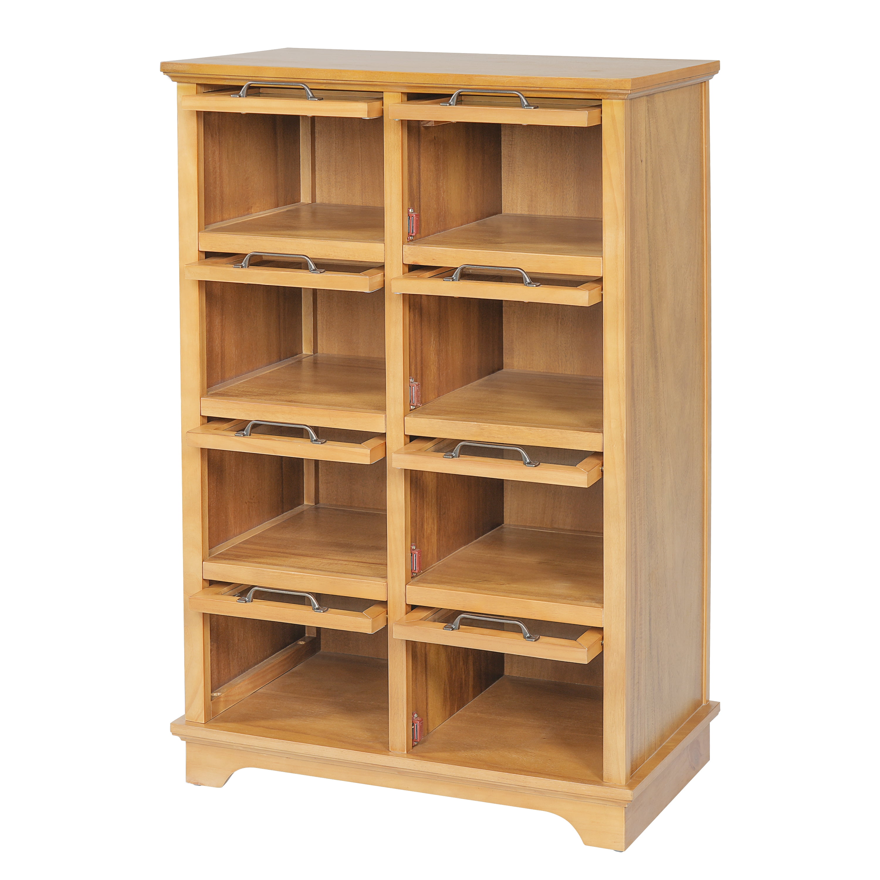 Modern Storage Cabinet with 8 Glass Doors and Wood Shelves, Display Cabinet with Antique Bronze Handles for Living Room, Natural
