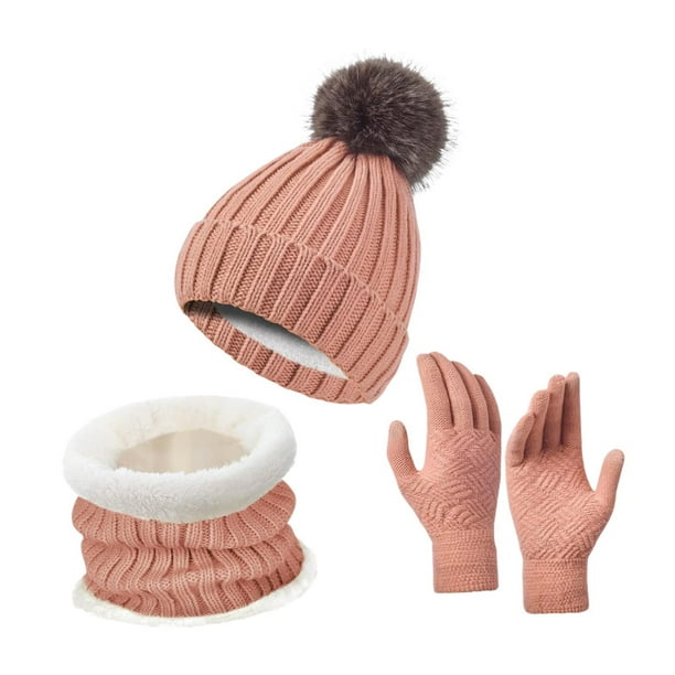 Conjunto de gorro y bufanda de invierno con guantes, ideal como regalo para senderismo, deportes al aire libre y fiestas. Rosa