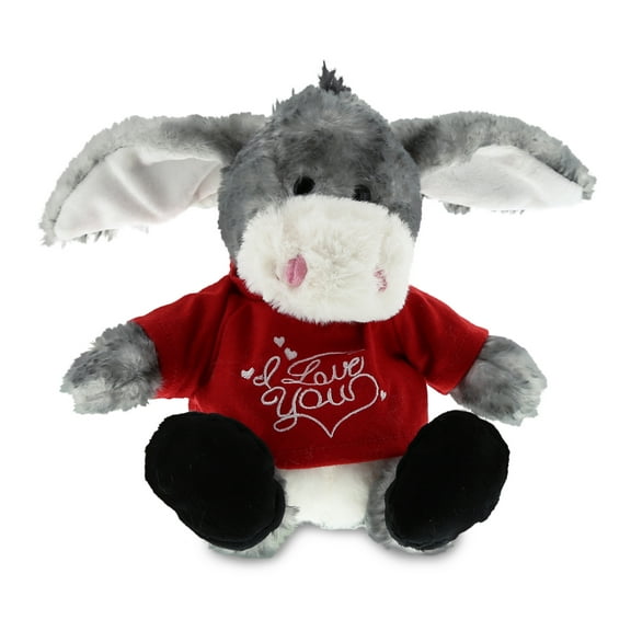 DolliBu I LOVE YOU Plush Sitting Gray Donkey - Cute Stuffed Animal with Red Shirt For Valentine, Anniversary, Romantic Date, Boyfriend, or Girlfriend Gift - 9 Inches