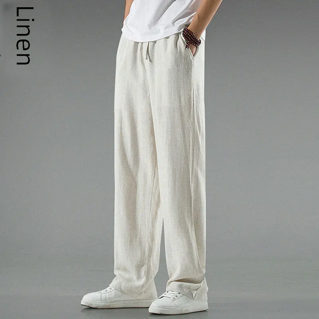 Pantalones de lino de estilo chino para hombre, pantalones de verano finos de lino y algodón, pantalones de campana de estilo vintage, holgados y de pierna recta