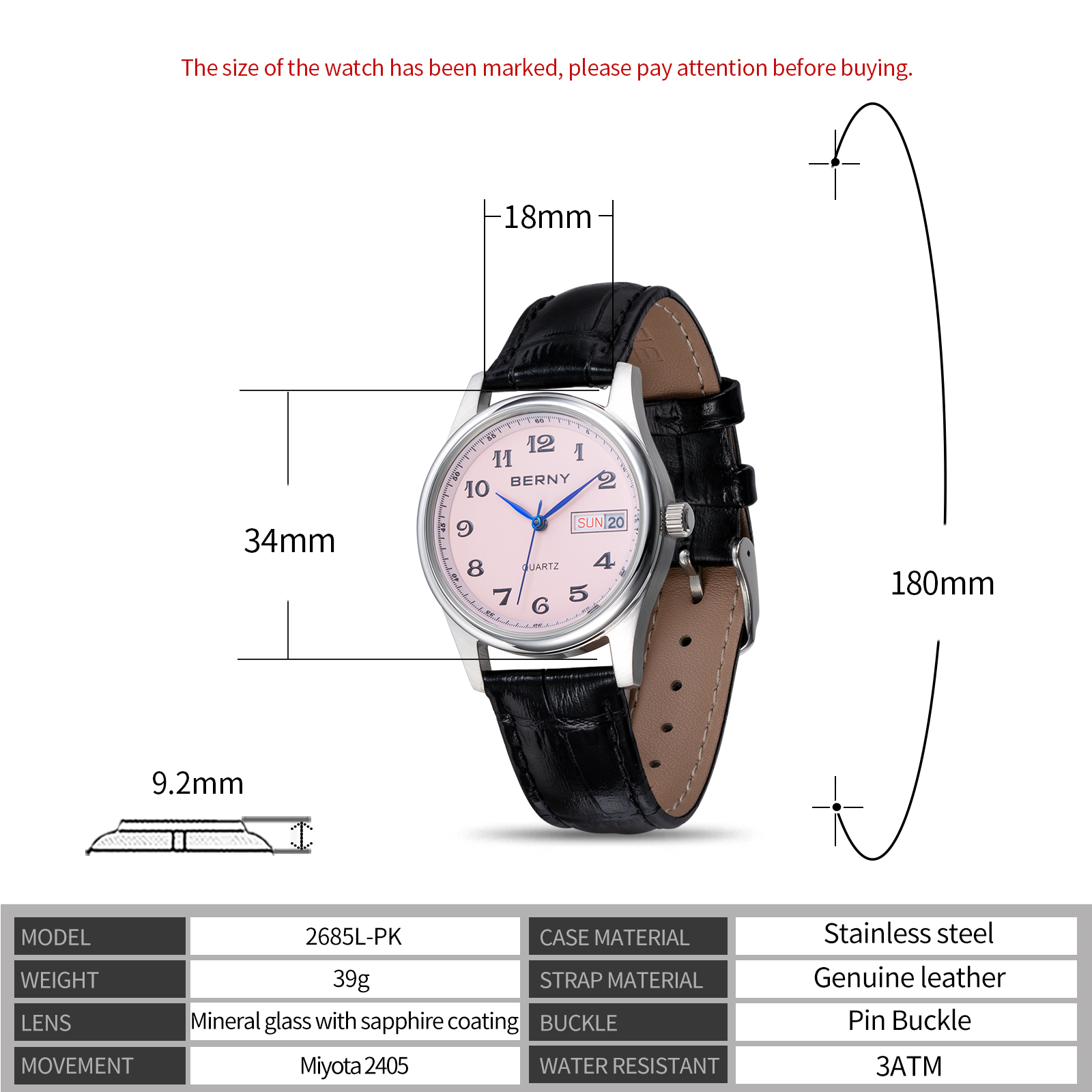 BERNY Watch for Women, Fashion Women's Wrist Watch with Leather Strap, Arabic Numerals Dial, Day & Date Calendar, 3ATM Waterproof, Classic Analog Ladies Quartz Watch, Pink