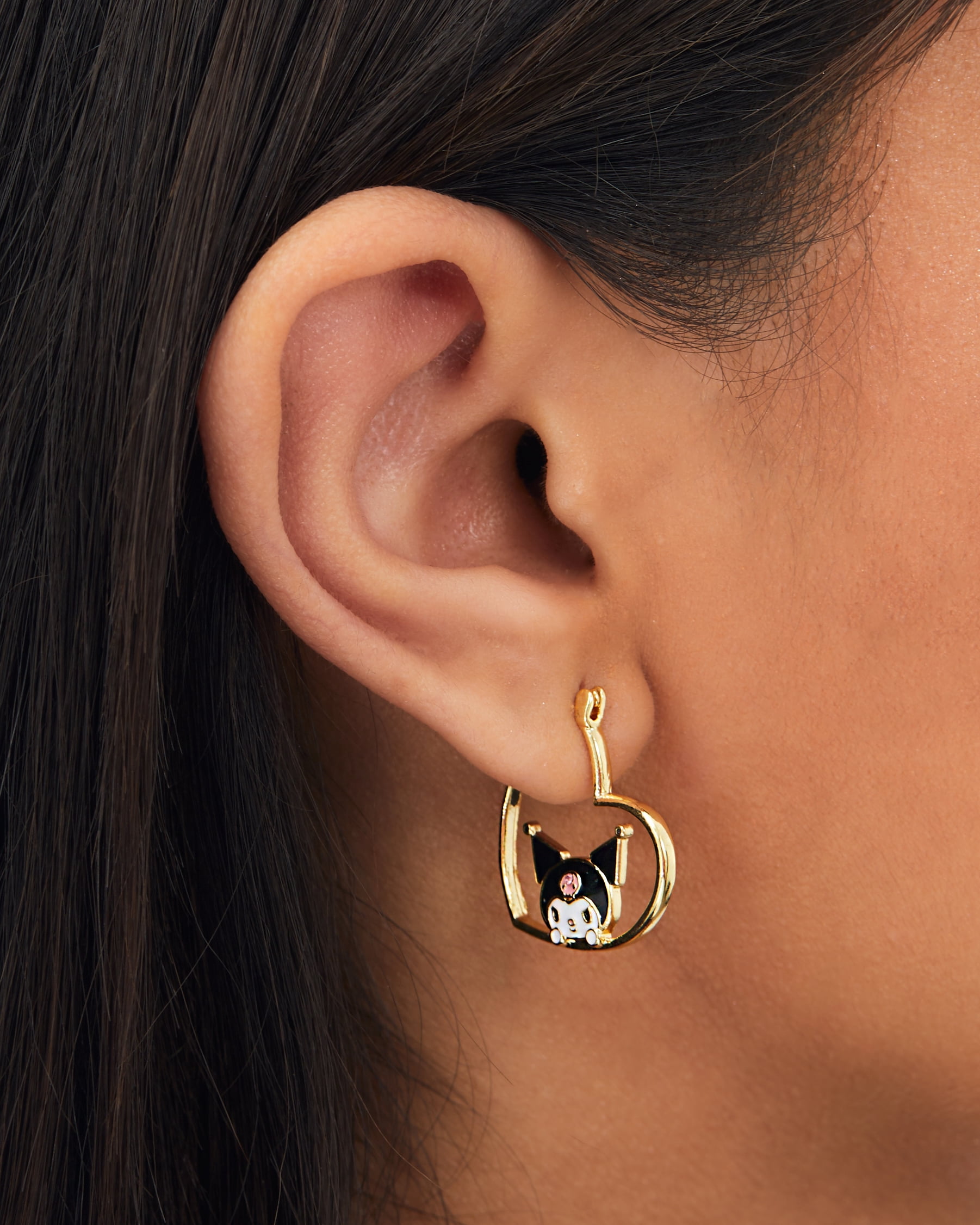 Sanrio Hello Kitty and Friends Earring Collection – Yellow Flash-Plated Heart Hoop and Crystal Earrings Featuring My Melody, Kuromi, and Hello Kitty, Officially Licensed
