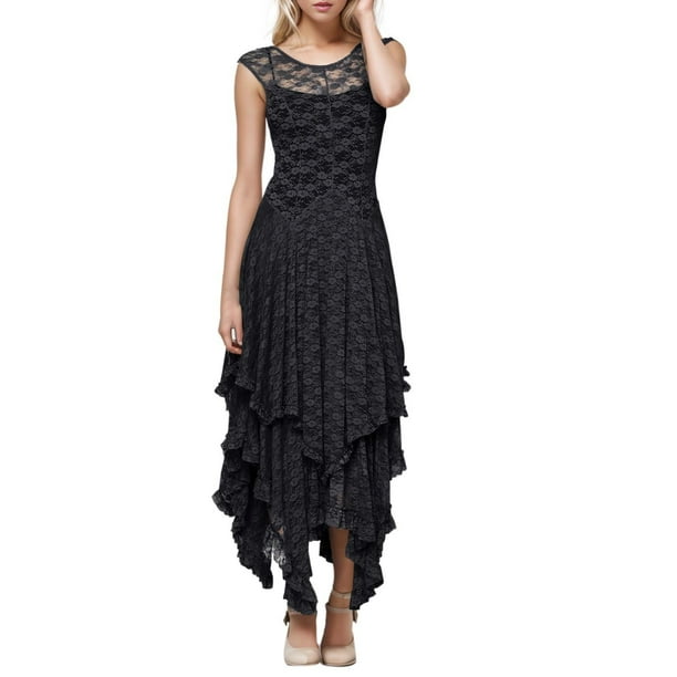 Vestido largo sexy de mujer con falda irregular de encaje alto y bajo - Cuello en V, mangas con volantes, diseño con bolsillos - Apto para la playa, para llevar de forma informal o para fiestas - A