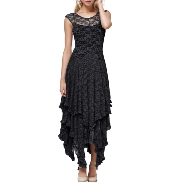 Vestido largo sexy de mujer con falda irregular de encaje alto y bajo - Cuello en V, mangas con volantes, diseño con bolsillos - Apto para la playa, para llevar de forma informal o para fiestas - A