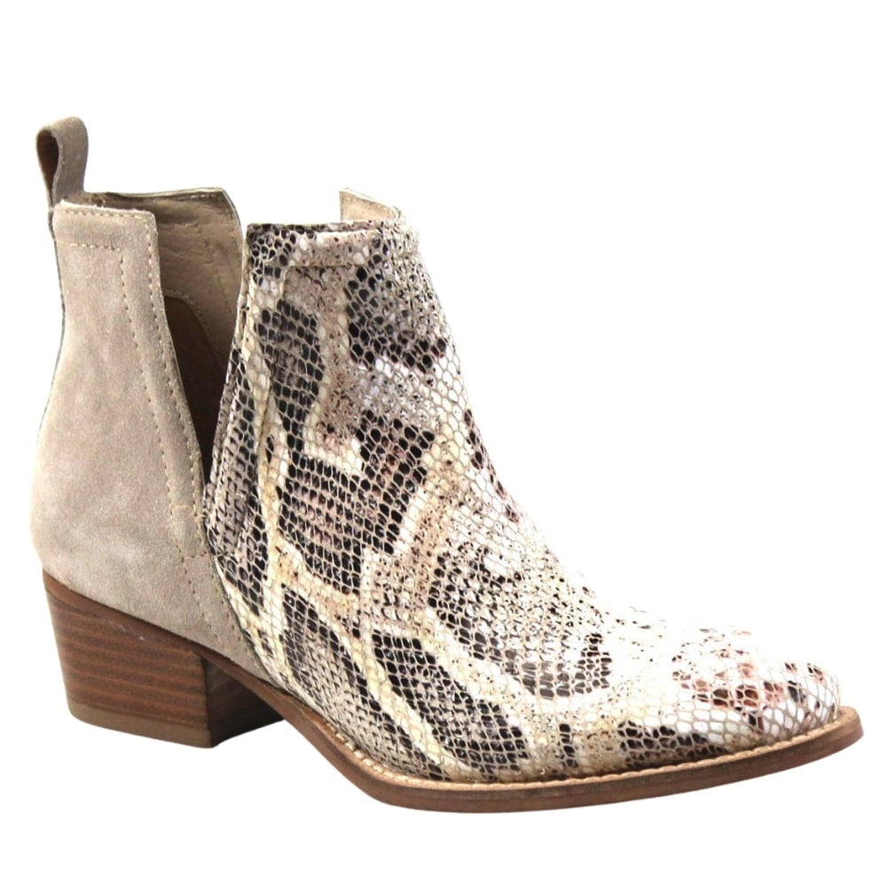 snakeskin booties low heel