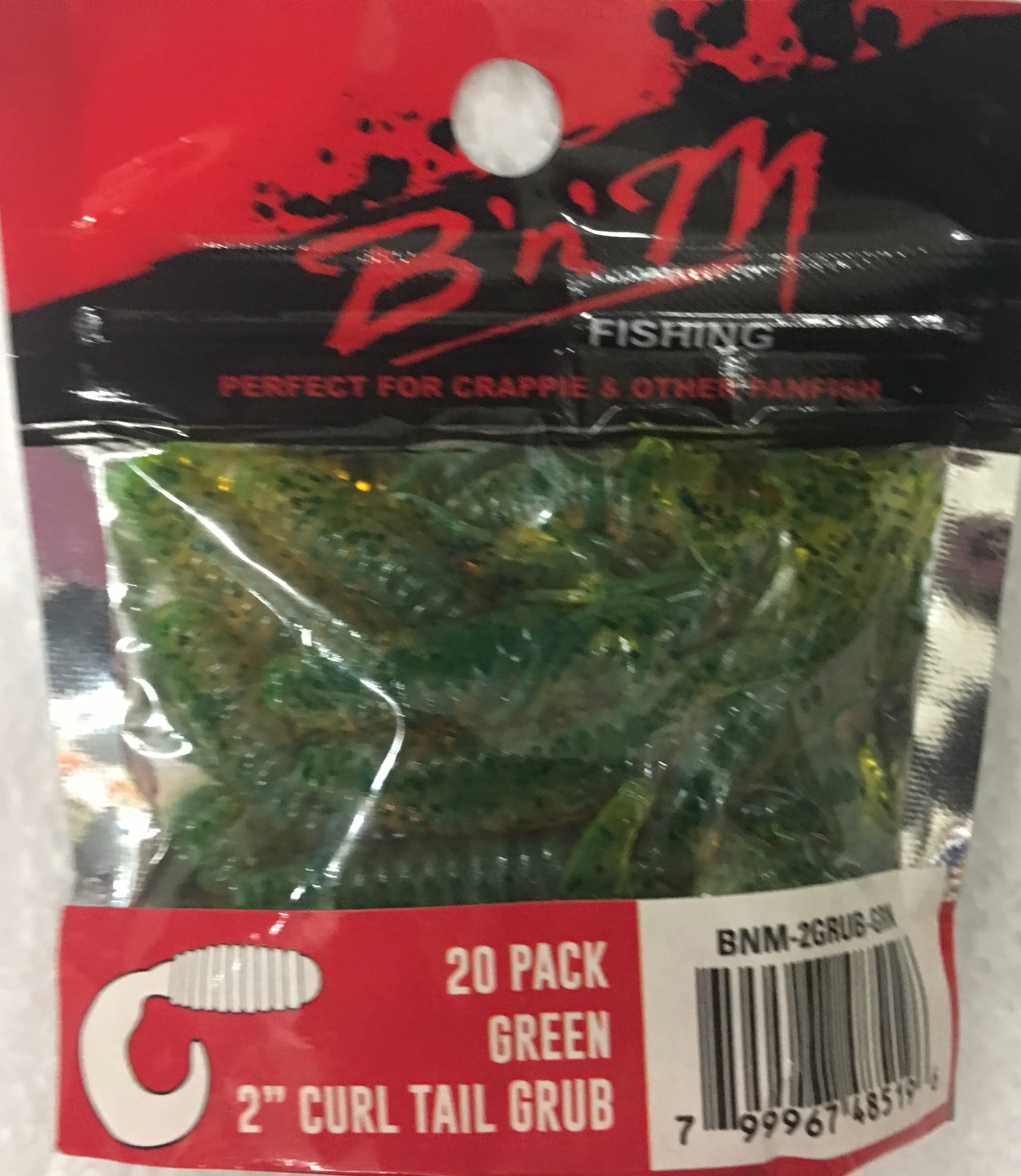 (6 pack) B'n'M 2" Curl Tail Grub, Green, 20 Count