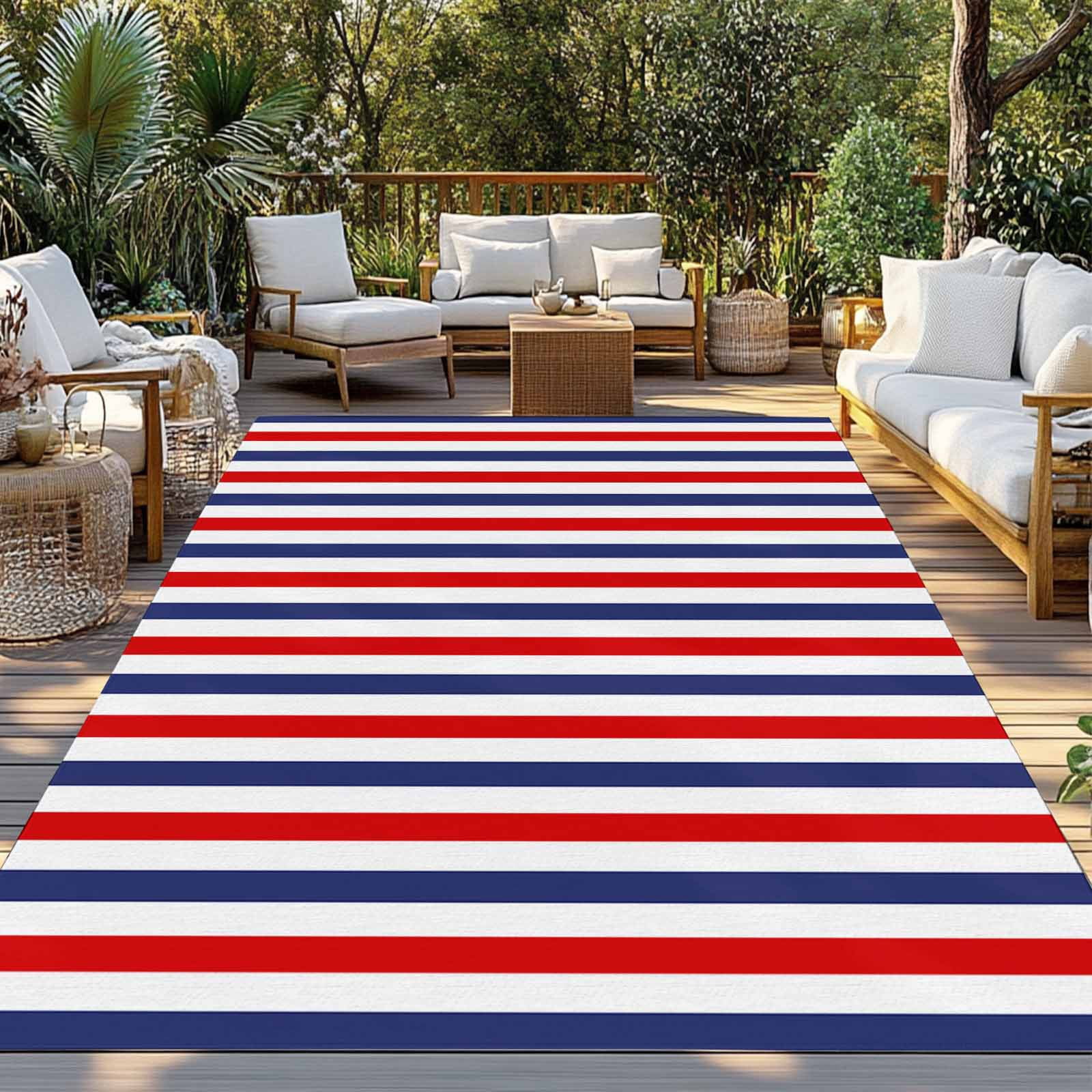 3' x 5' Outdoor Rug, Red Blue White Striped Outdoor Washable Rug Large Floor Carpet, Modern Simple Stripes Non Shedding Area Rug for Outside Patio RV Porch Deck Balcony Camping Living Room