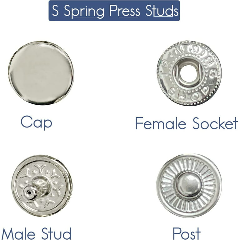 Trimming Shop 20mm S Spring Press Studs 4 Part, Durable and Lightweight, Metal  Snap Buttons Fasteners for Jackets, DIY Leathercrafts, Sewing Clothing,  Purses, Silver, 50pcs 