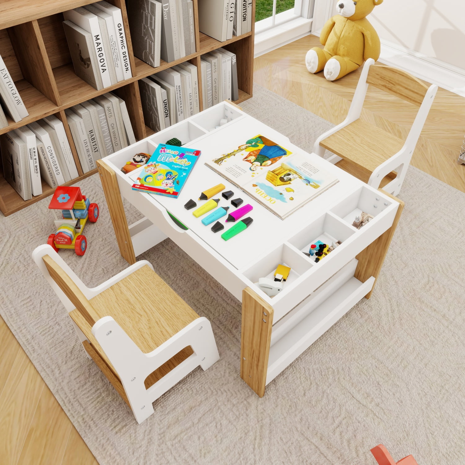 Kids 2 in 1 Play Table & 2 Chairs Set, with 7 Storage Compartments, Compatible with LEGO Building Block, Modern Activity Learning Table Game Furniture White