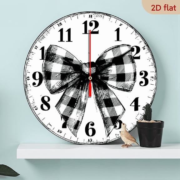 2D Flat 1pc 10Inch Wooden Silent Non-Ticking Wall Clock - Black White Plaid Bow Decor, Modern Farmhouse Style - (Not Included) - for Living Room, Kitchen, Office, Bedroom