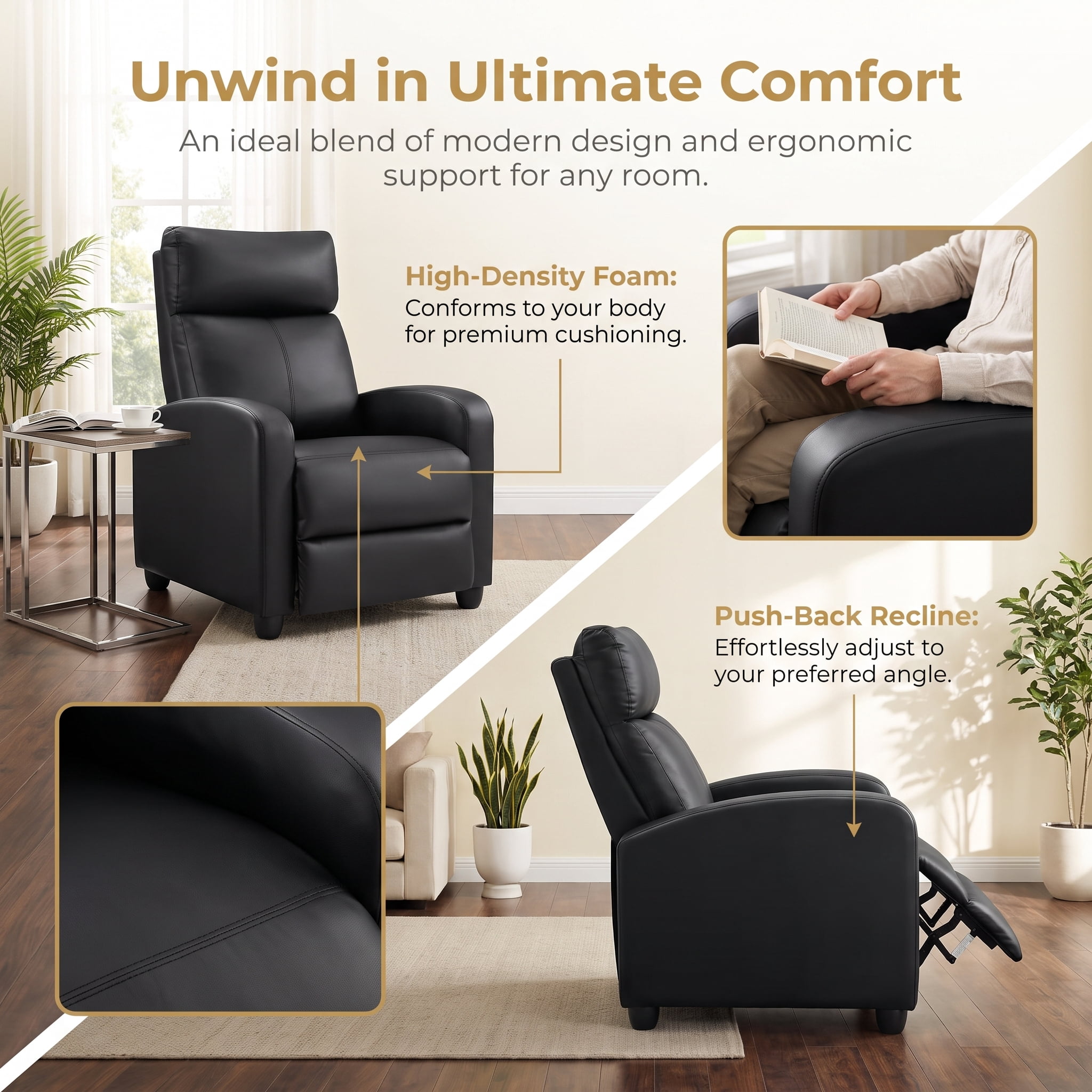 Manual Recliner Chair, PU Leather Upholstered Armchair Accent Sofa with Pop Up Footrest High Density Foam Padding for Small Spaces Living Room Bedroom
