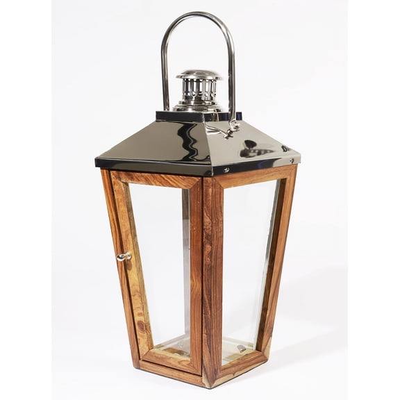 Kaemingk 24.75" Beach Day Over-Sized Stainless Steel and Sheesham Wood Modern Pillar Candle Lantern