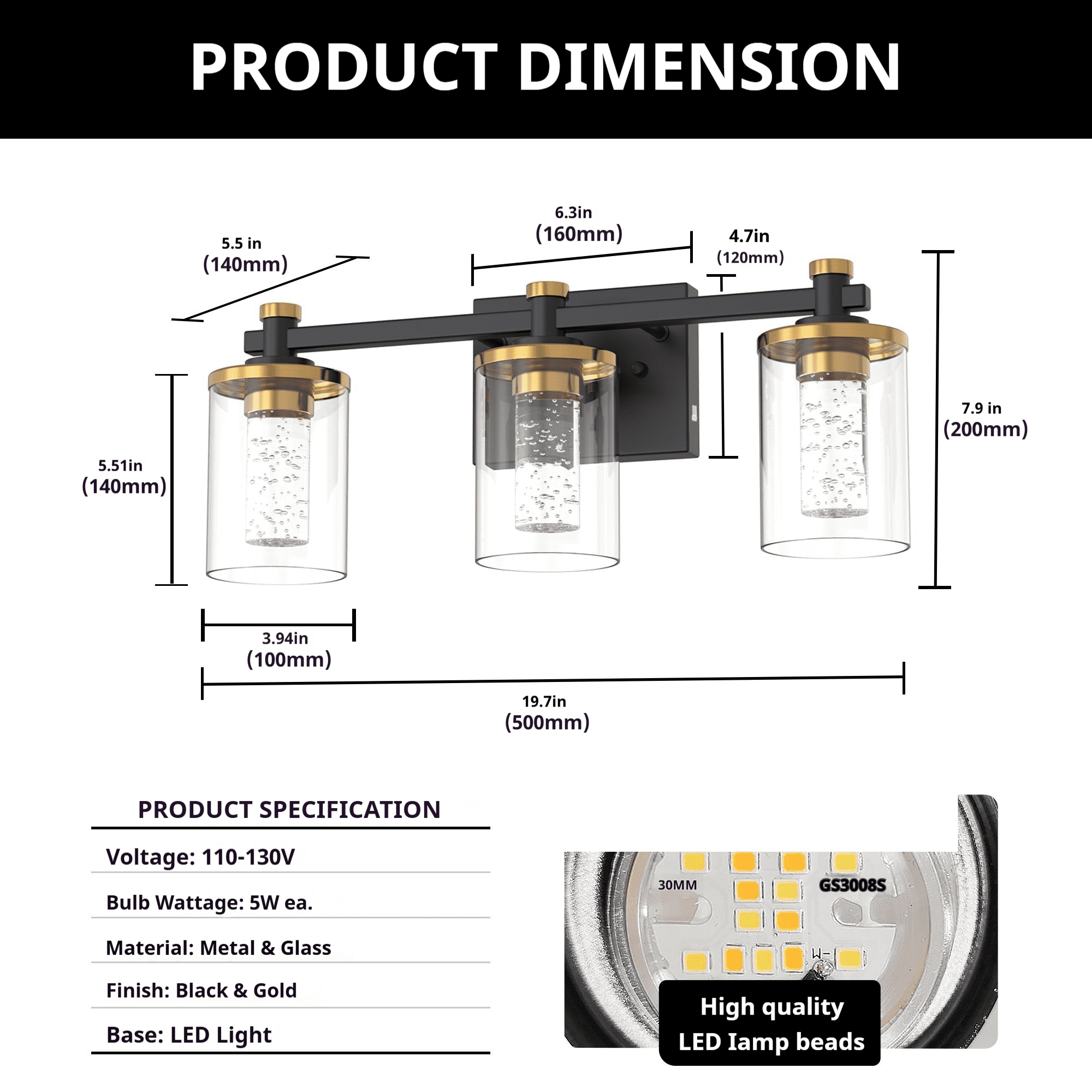 YANSUN 19.7 in Modern 3-Light Black and Gold Crystal LED Vanity Light with Clear Glass Shades, 3CCT Lighting for Bathroom, Powder Room, Vanity Table