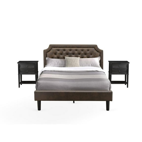 East West Furniture GB25Q-2VL06 3-Pc Bed Set with Frame and 2 Wire Brushed Black End Tables for bedroom - Dark Brown Faux Leather and Black Legs