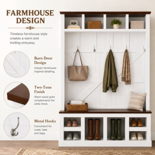 78.8" H Farmhouse Hall Tree with Bench and Shoe Storage – Entryway Coat Rack with 6 Double Hooks, 4 Top & 4 Bottom Cubbies, Adjustable Shelves, White
