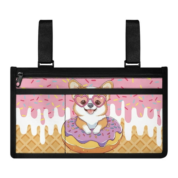 Jiueut Cartoon Corgi Wheelchair Side Organizer Storage Bag Armrest Pouch Wheelchair Pouches with Pockets for Women Outdoor Chair Armrest Storage Organizer Hanging Bag