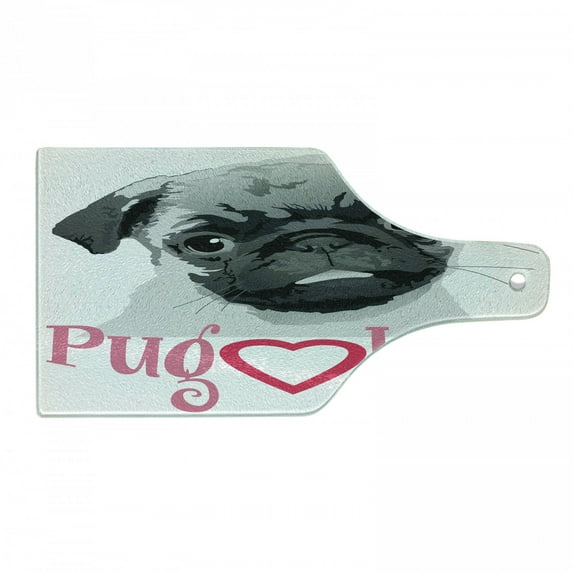 Pug Cutting Board, Pug Love Image Grey Toned Drawing of a Dog Pet Animal Fun Bonding Print, Decorative Tempered Glass Cutting and Serving Board, Wine Bottle Shape, Dark Grey Pink Grey, by Ambesonne