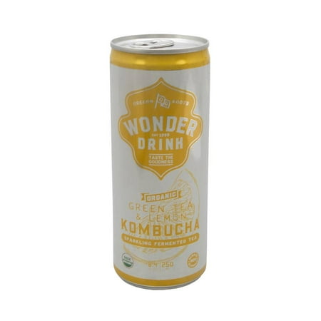 Wonder Drink Kombucha, Organic Green Tea with Lemon Sparkling Fermented Tea, 8.4oz Can (Pack of