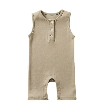 AJTQTH Romper for Kids Sleeveless Henley Neck Loose Fit Jumpsuit Button Closure Bodysuit Summer Casual Comfy Cotton Cute Solid Color Playsuit Onesie Outfits Gray 6 Months
