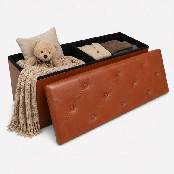 Nnovaroom 43 Inches Storage Ottoman Bench,  Footstool with Storage for Living Room Bedroom Entryway, Load 400 lb, Synthetic Leather, Brown