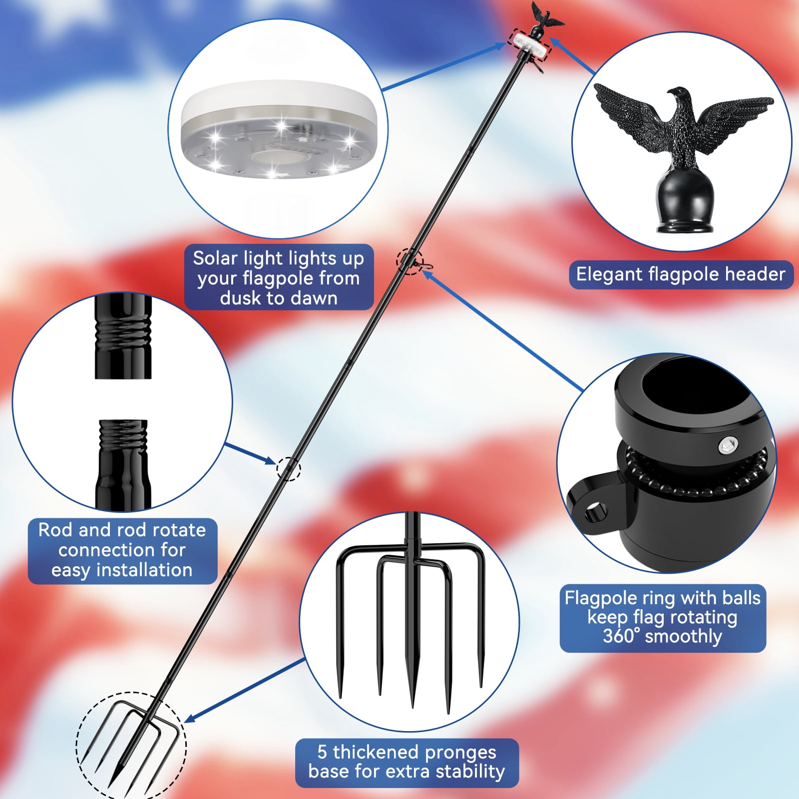 FIASON 10 FT Black Heavy Duty Tangle-Free Flag Pole, In-Ground Kit with Solar Light, American Flag, Eagle Topper & 5-Prong Base for Yard Garden Outdoor Use