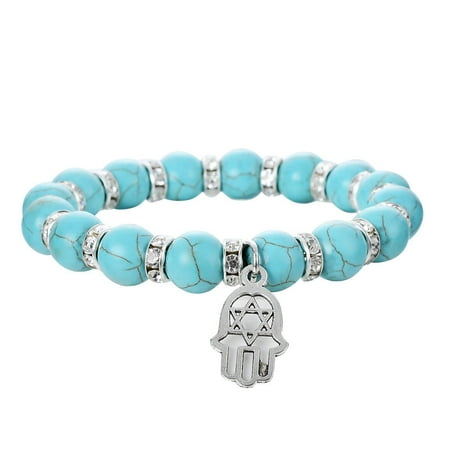Vintage Spacer - Faux Turquoise Round Stone Stretch Bracelet w/ Crystal Spacers & a Rhodium Plated Vintage Hamsa Star of David Pendant By JADA Collections