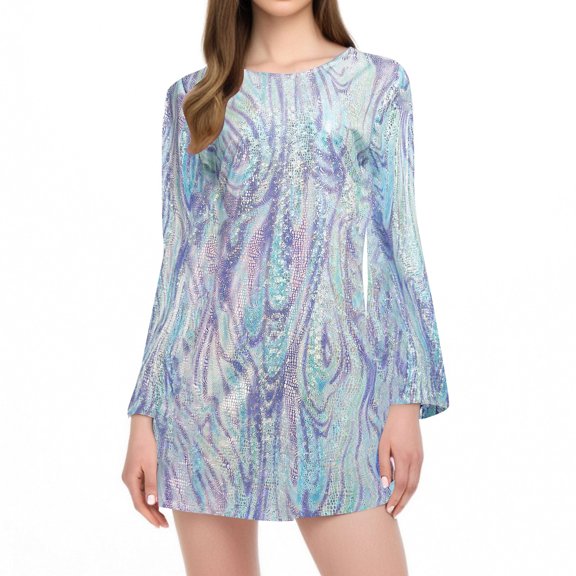 DHFJKG Women's Glitter Metallic Dresses Stage Performances Sparkly Long Sleeve Crewneck Loose Fit Night Out Tunic Mini Dress Trendy Dresses