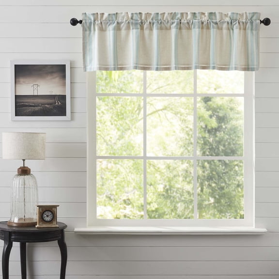 VHC Brands Grain Sack Aqua Blue Stripe Coastal Farmhouse Kitchen Curtain Valance 16x60